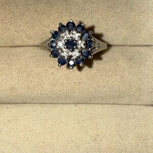 Genuine Sapphire and Diamond Cluster 10KP-GTR White Gold Ring-Size:7.5